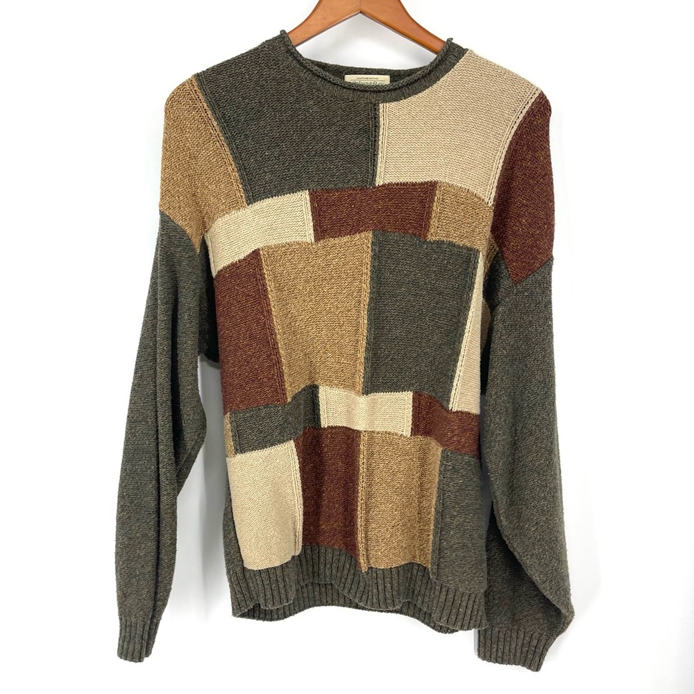 😎Vtg Retro 90s Fall Winter Grunge Earthy 
Moss Green 3D Knit Patchwork Sweater L